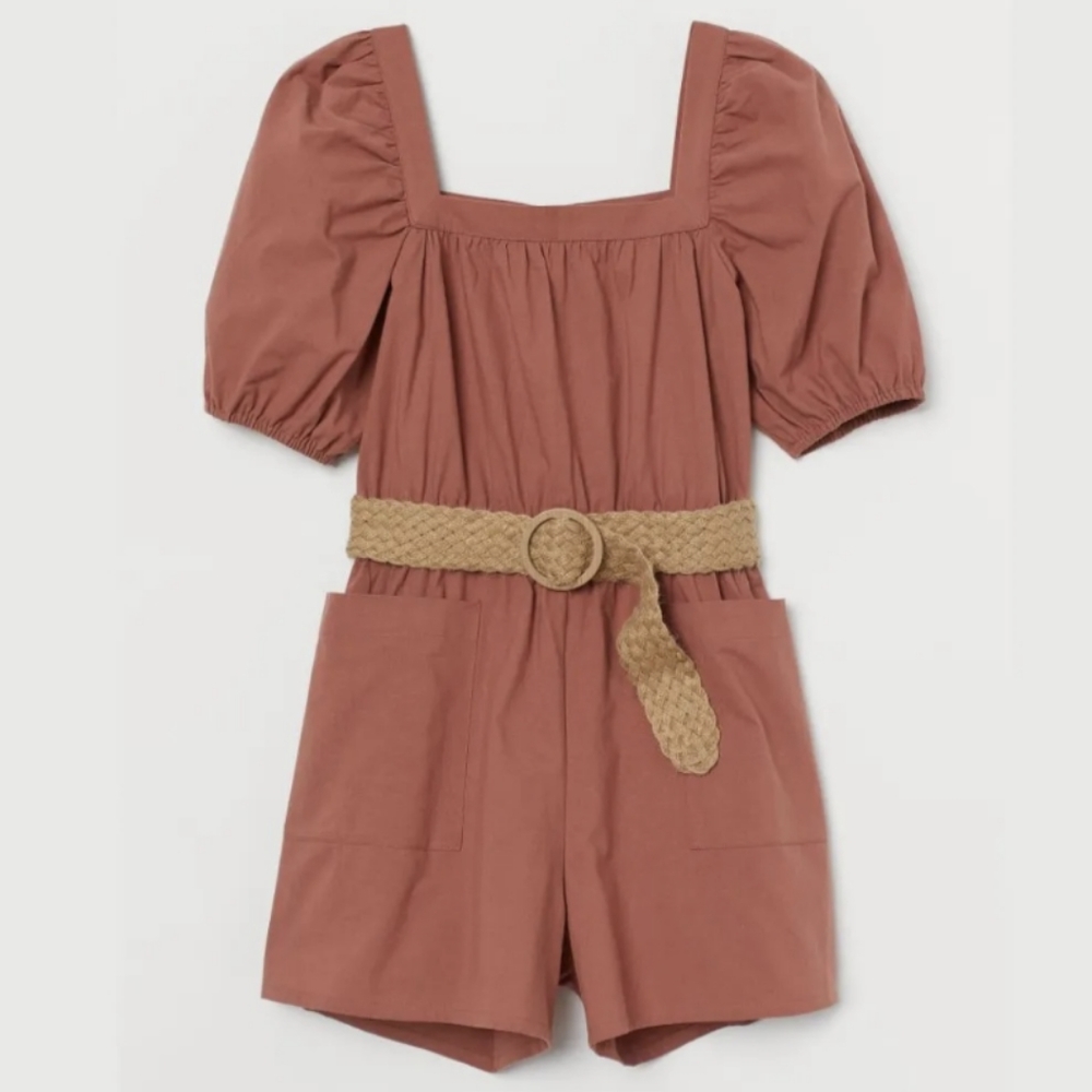 H&M Rust Brown Cotton Weave Puff Sleeve Playsuit